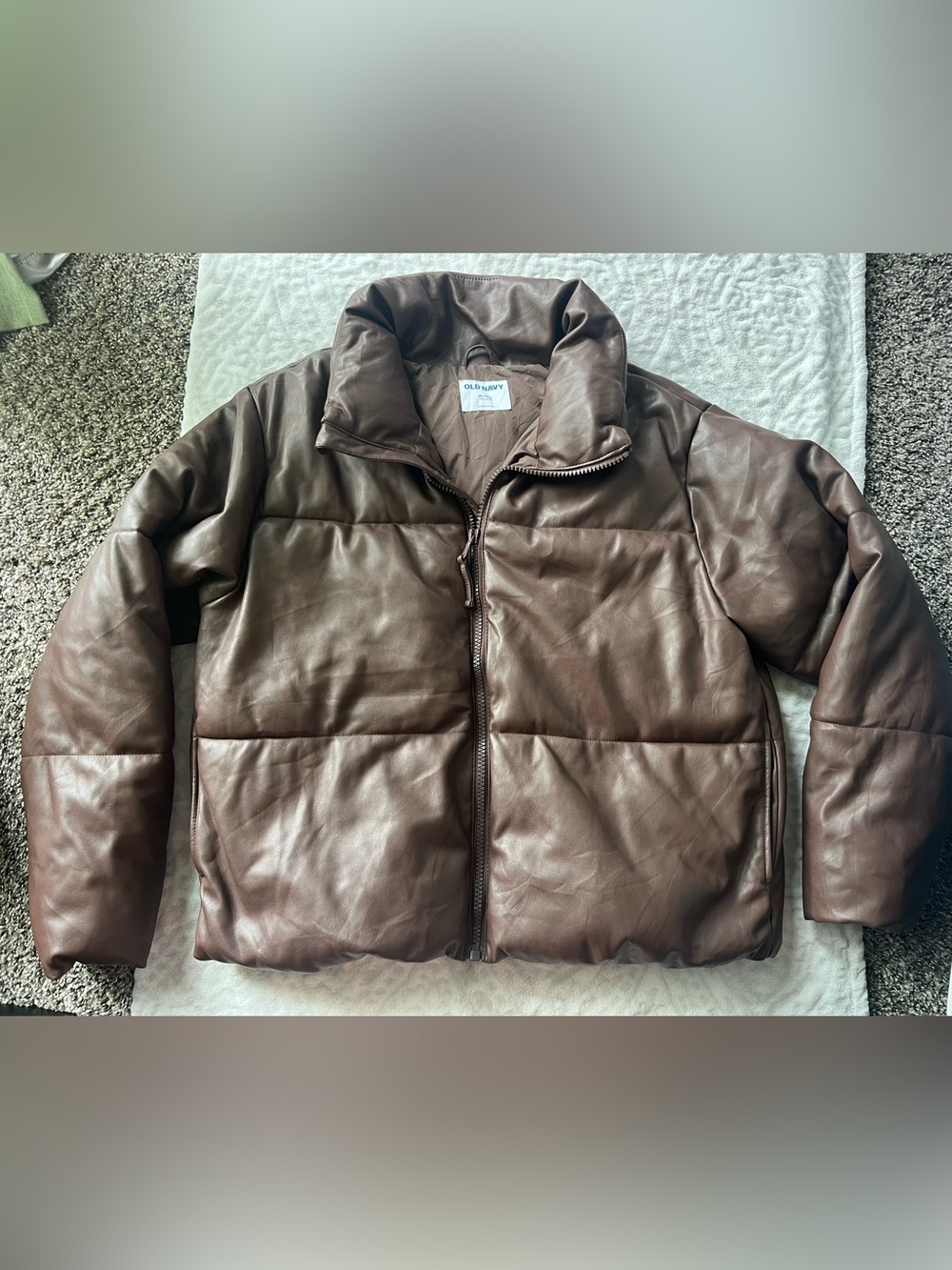 Old Navy Mock Neck Faux Leather Puffer Brown Jacket | Size XL Tall - Picture 2 of 9